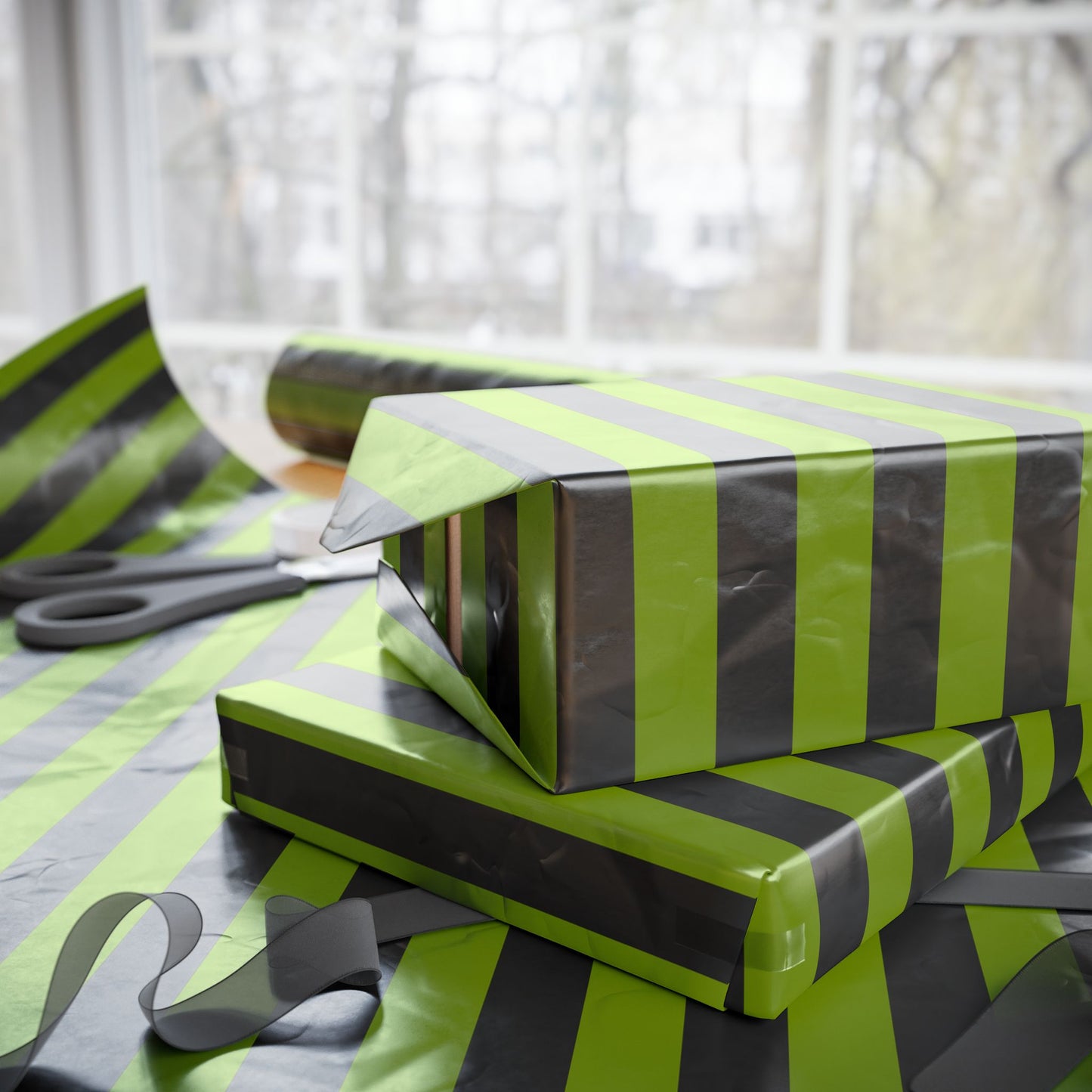 Avocado Green Striped Wrapping Paper Roll (3 sizes)
