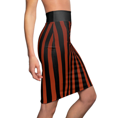 Earthy Red + Black Striped Women's Pencil Skirt