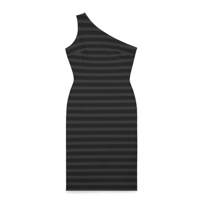 Black + Gray Striped Women's Asymmetrical Shoulder Dress