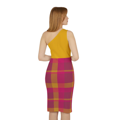 Pink + Yellow Plaid Women's Asymmetrical Shoulder Dress