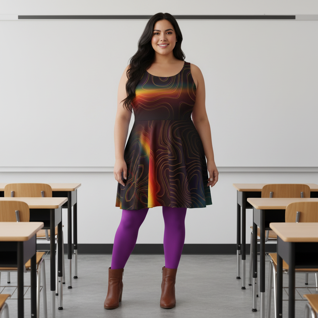 Woman teacher wearing a colorful rainbow dress and purple leggings standing in a classroom.