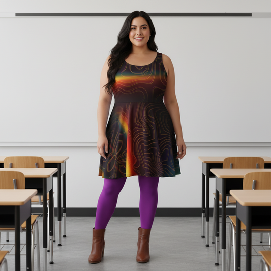 Woman teacher wearing a colorful rainbow dress and purple leggings standing in a classroom.
