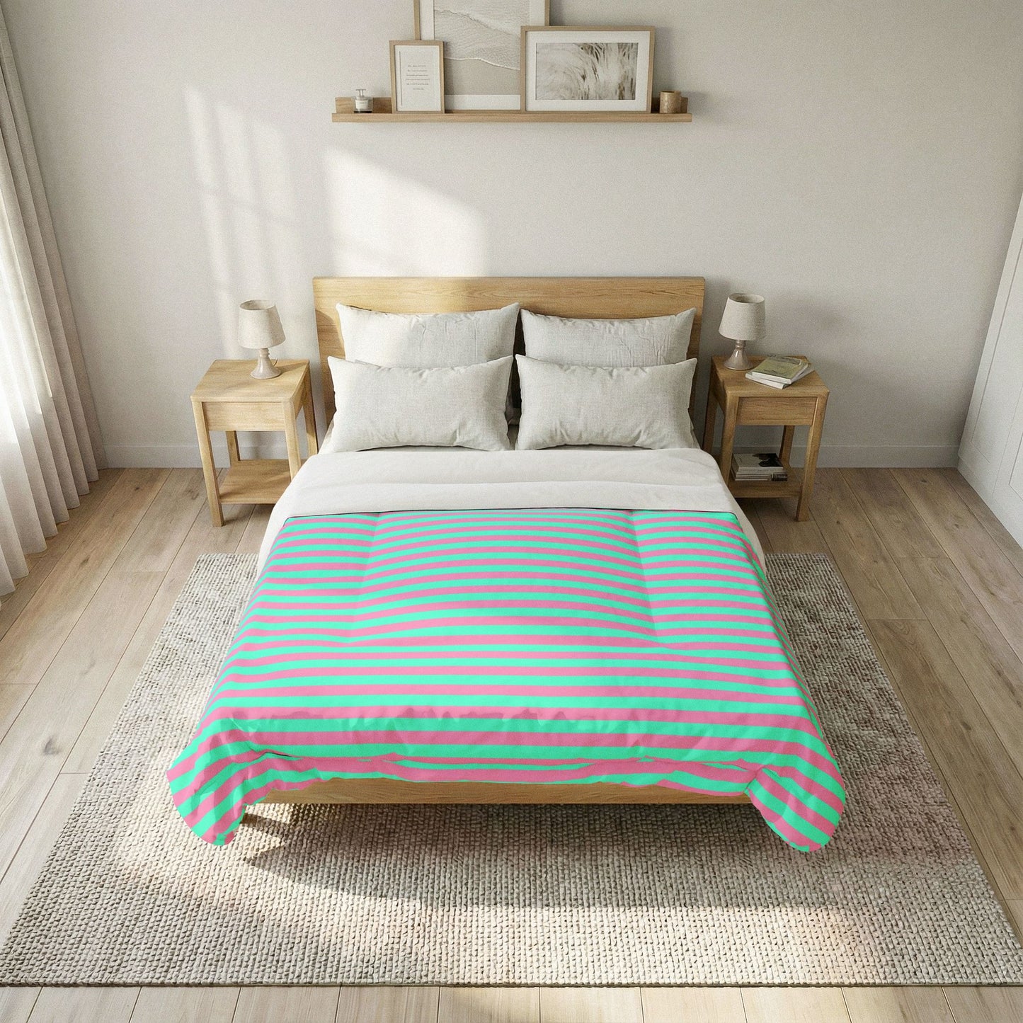 Pink + Teal Striped 100% Cotton Comforter