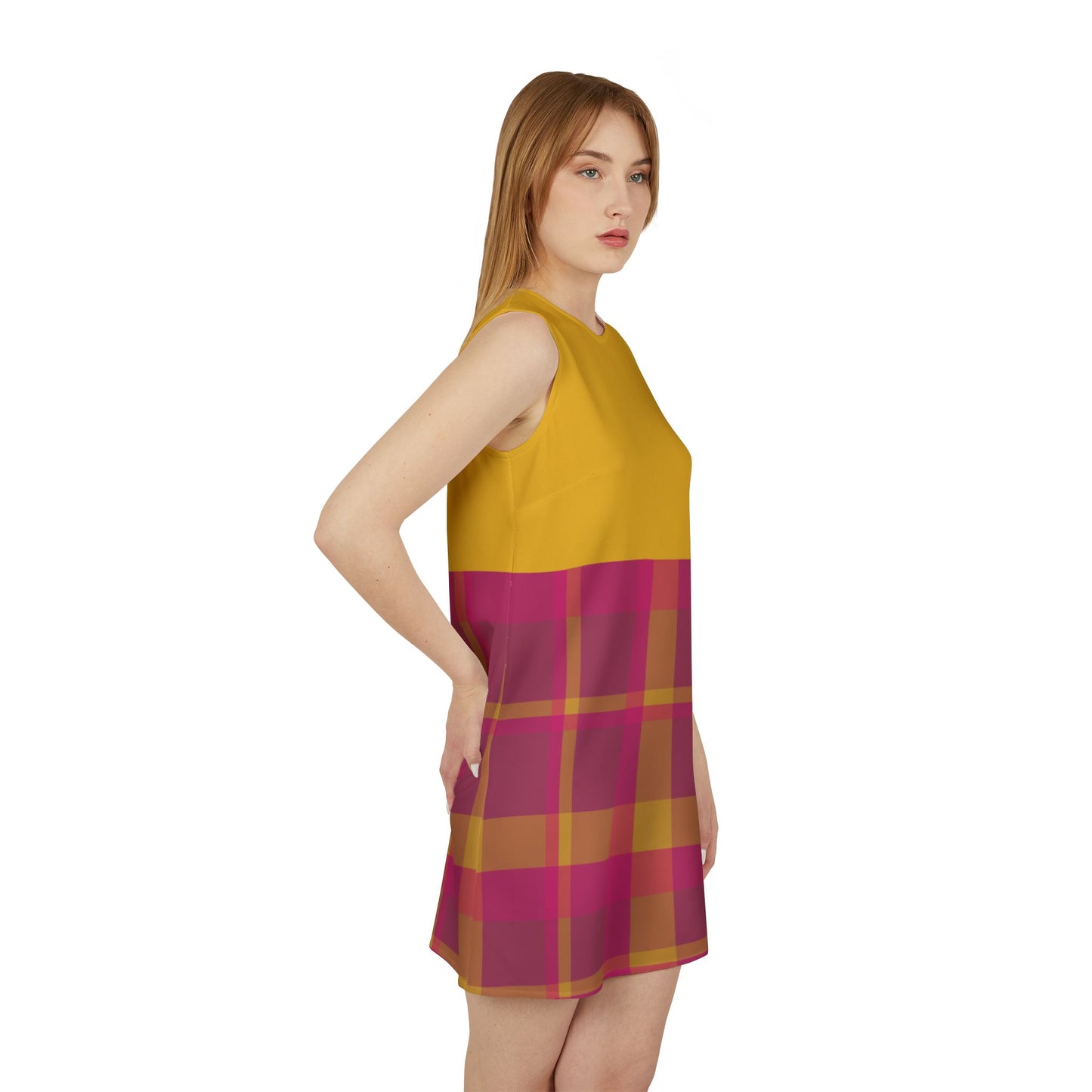 Pink + Yellow Plaid Sleeveless Trapeze Mini Dress