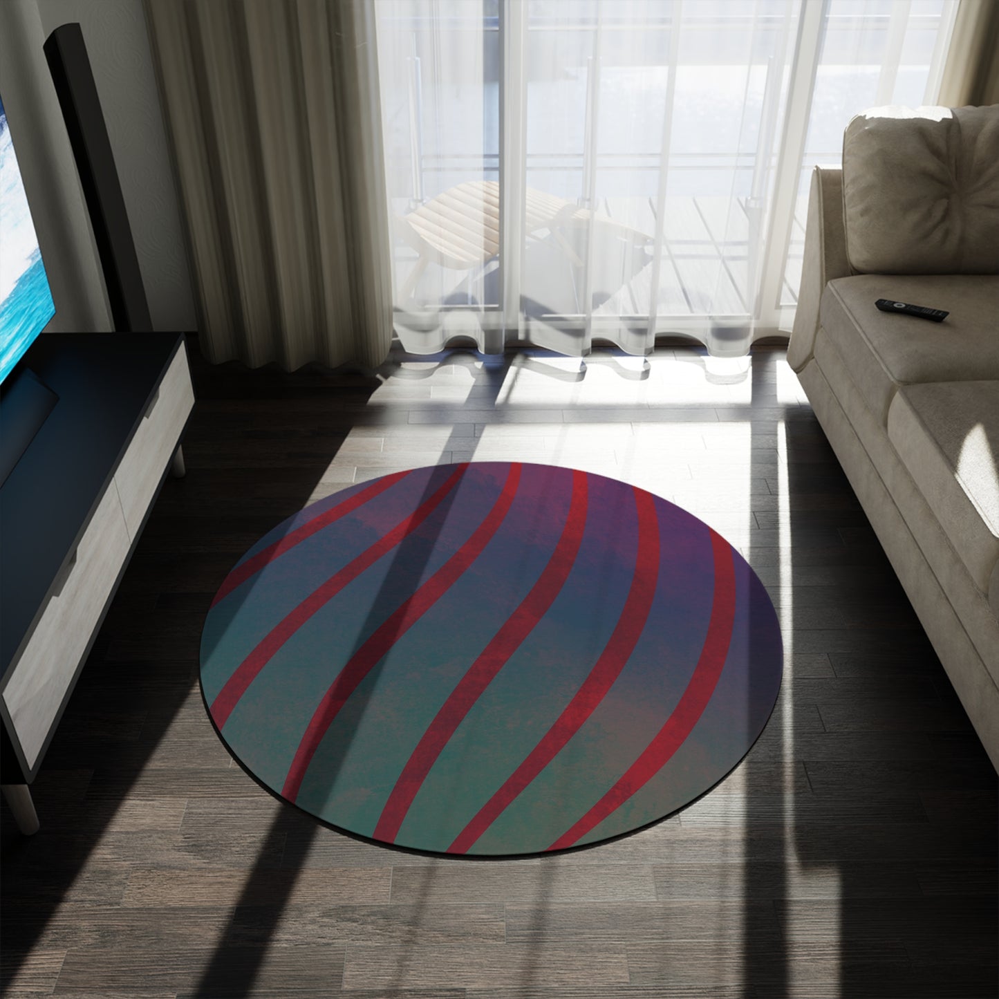 Red + Teal Illusion Wave Stripes Round Rug