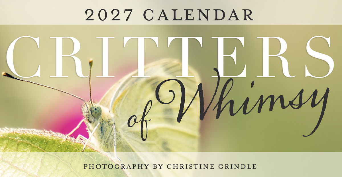Critters of Whimsy 2027 calendar cover featuring a close-up butterfly photograph by Christine Grindle