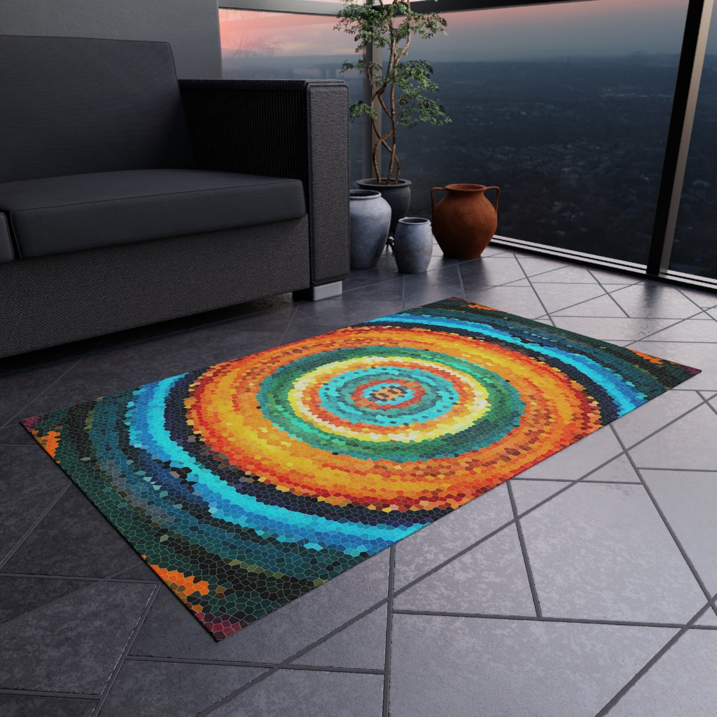 Pixel Mosaic Teal Orange Outdoor Rug
