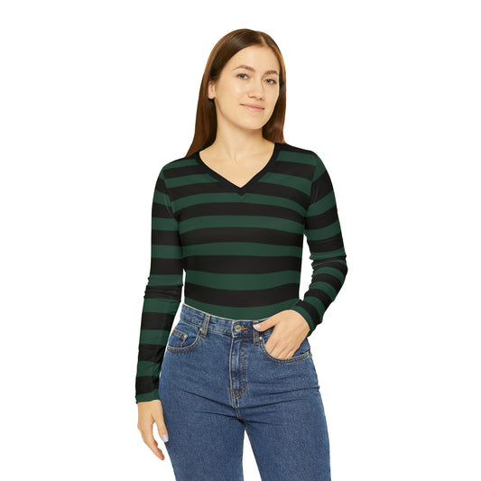 Dark Green + Black Striped Women's Long Sleeve V-neck Shirt
