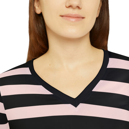 Gently Pink + Black Striped Women's Long Sleeve V-neck Shirt