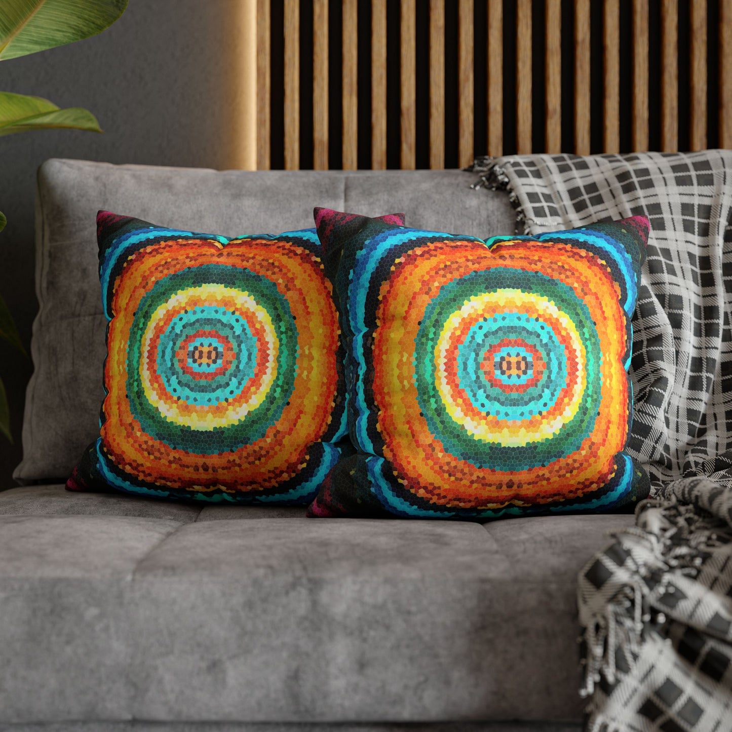 Pixel Mosaic Teal Orange Faux Suede Throw Pillow Case (multi sizes)