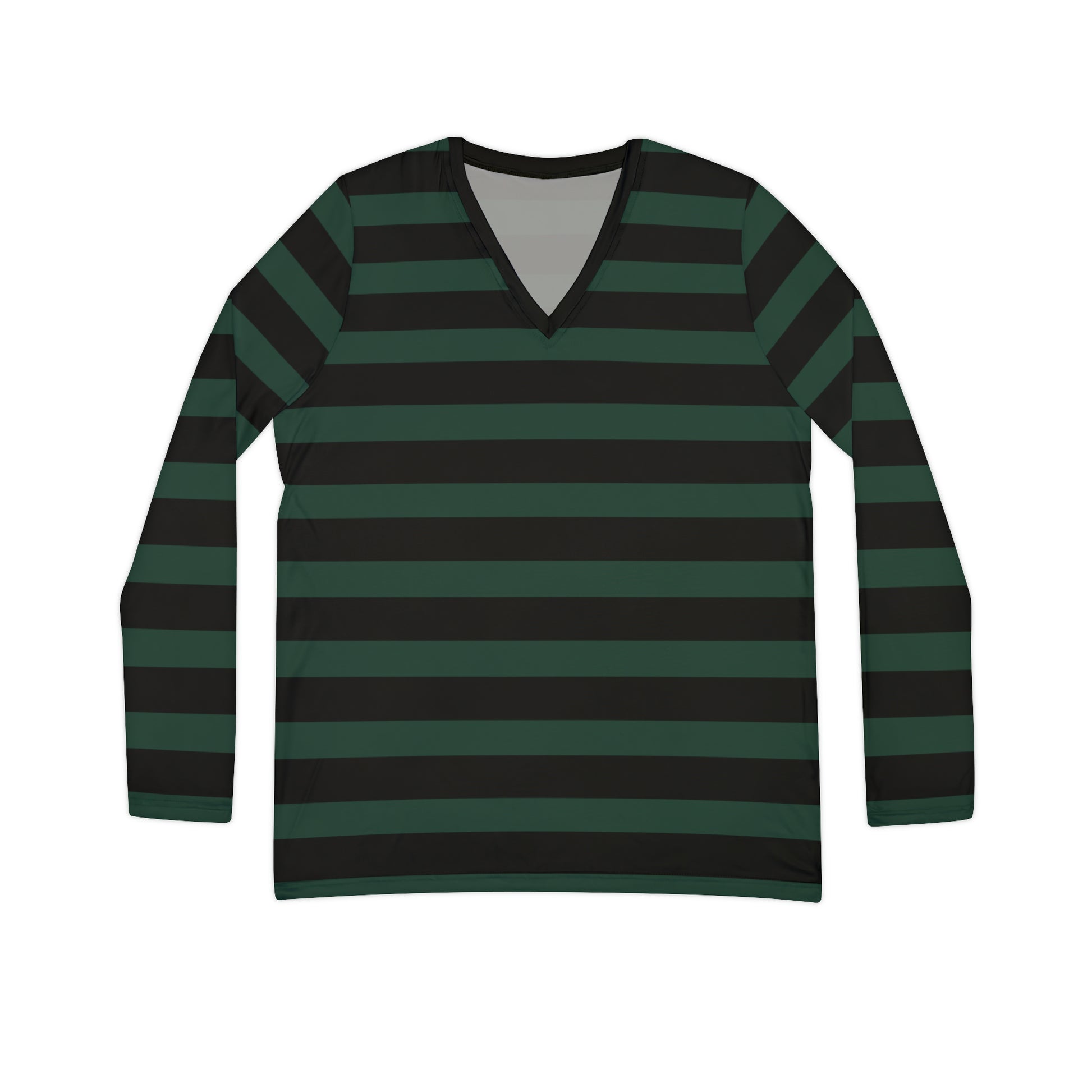 Dark Green Black Striped Women's Long Sleeve V-neck Shirt