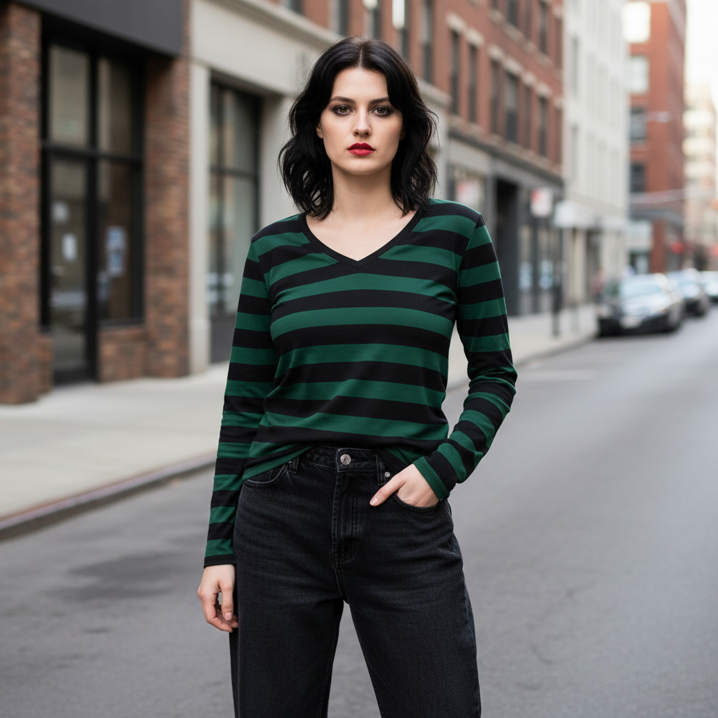 Woman wearing a green and black striped sweater on a city street.