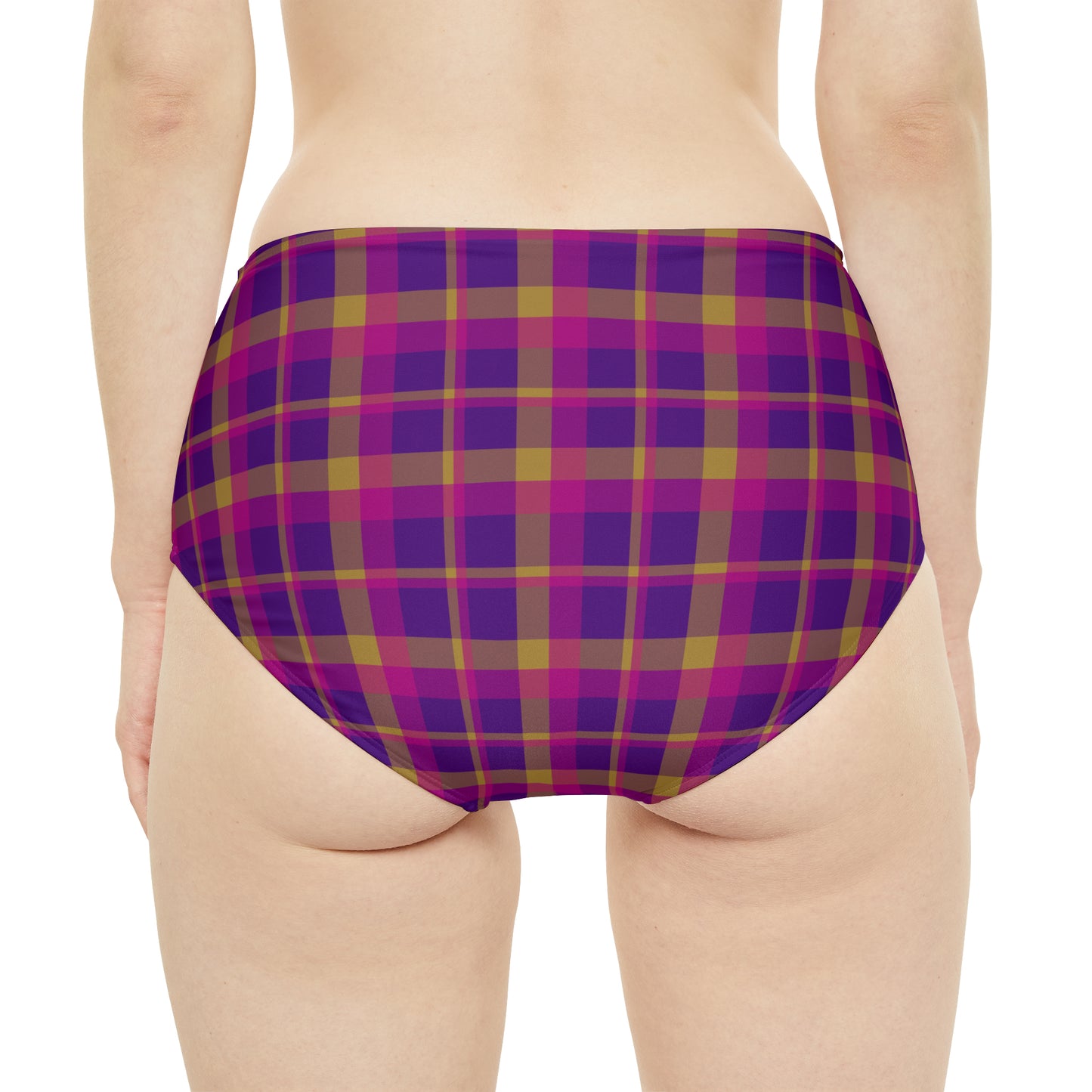 Yellow + Magenta Plaid Women's Full Coverage Bikini Bottom