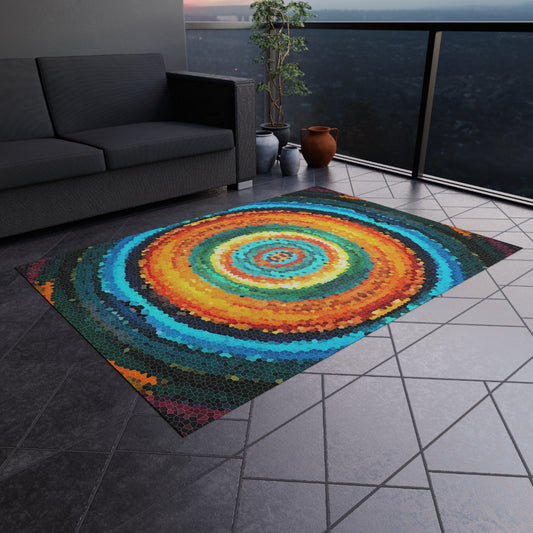 Pixel Mosaic Teal Orange Outdoor Rug
