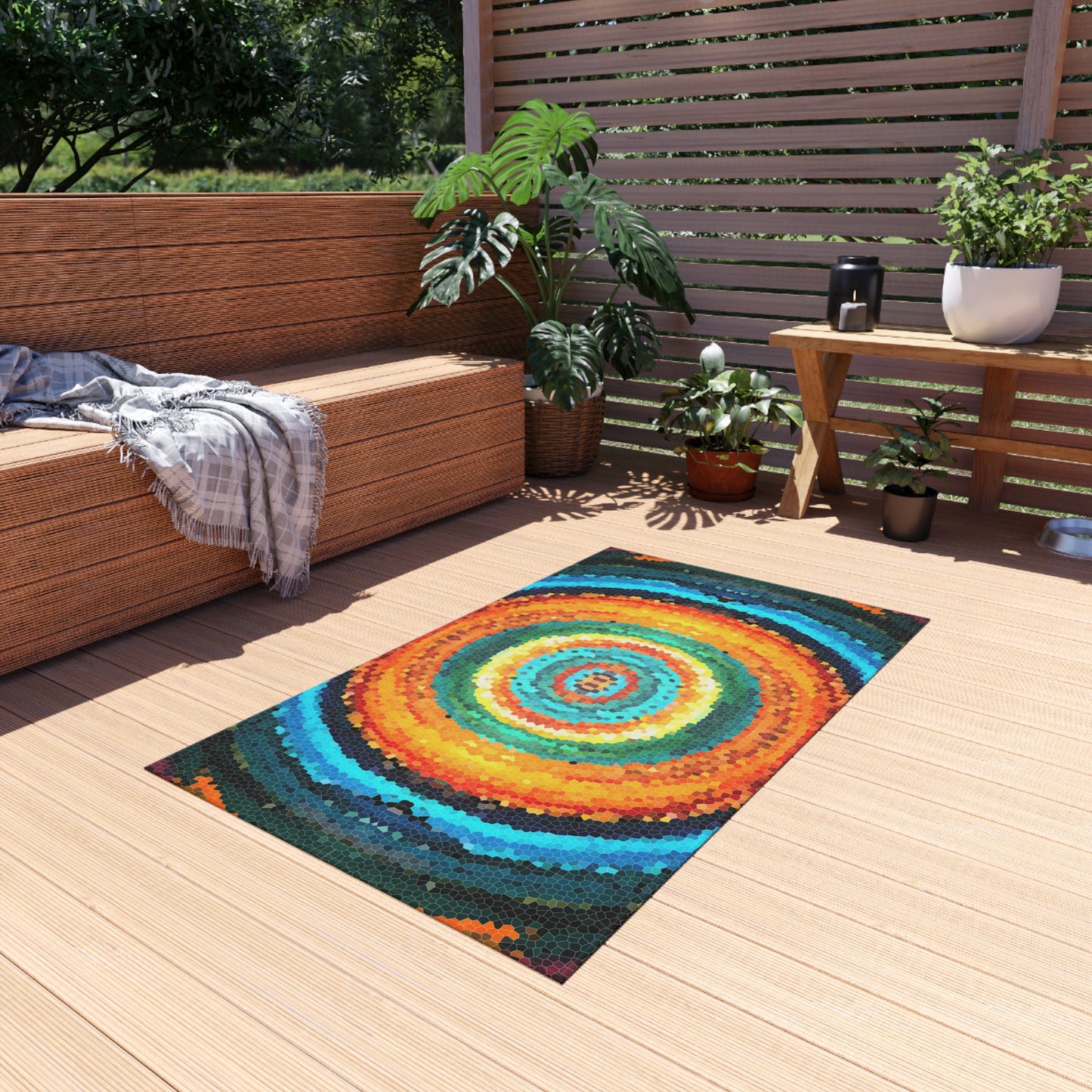 Pixel Mosaic Teal Orange Outdoor Rug