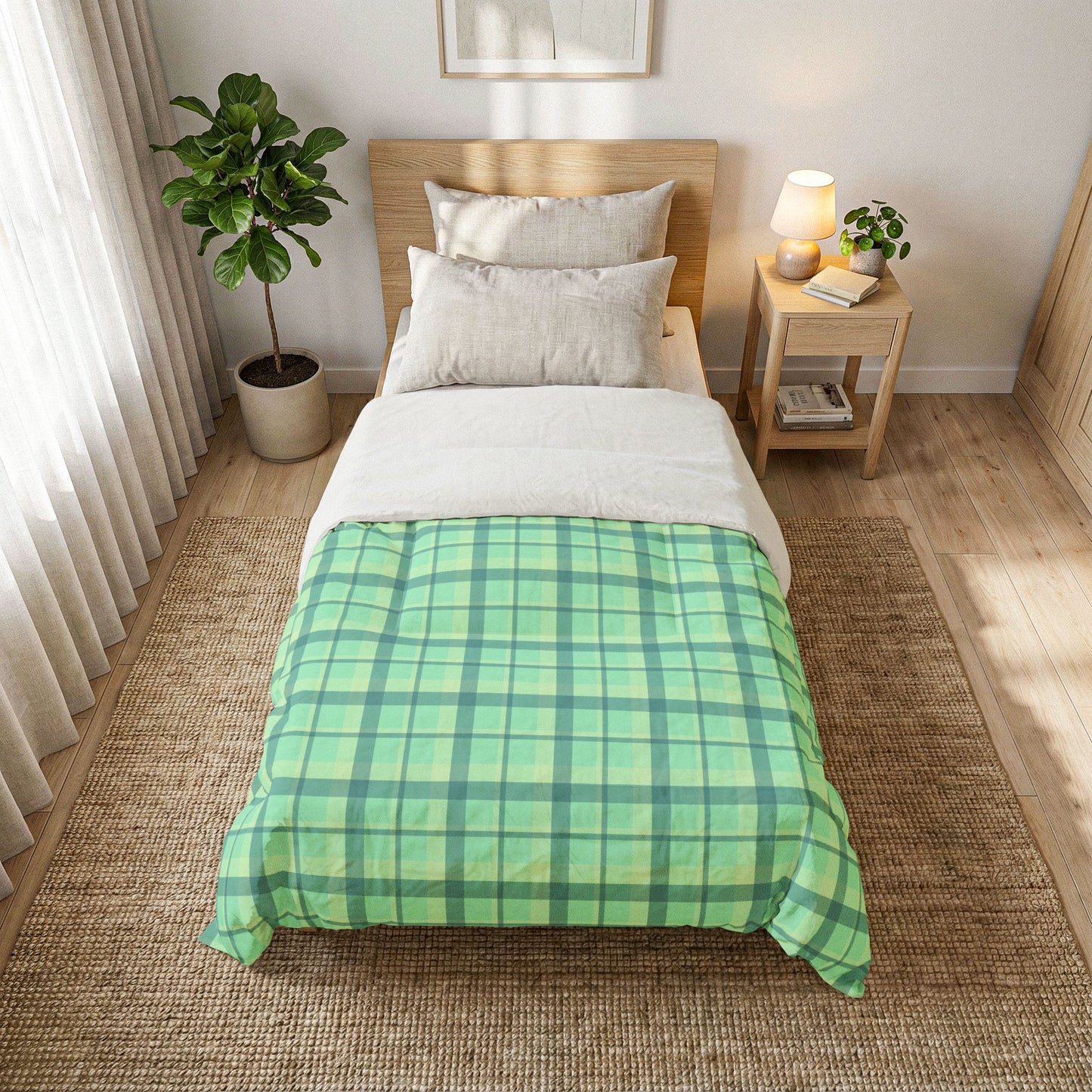 Minty Green Plaid 100% Cotton Comforter