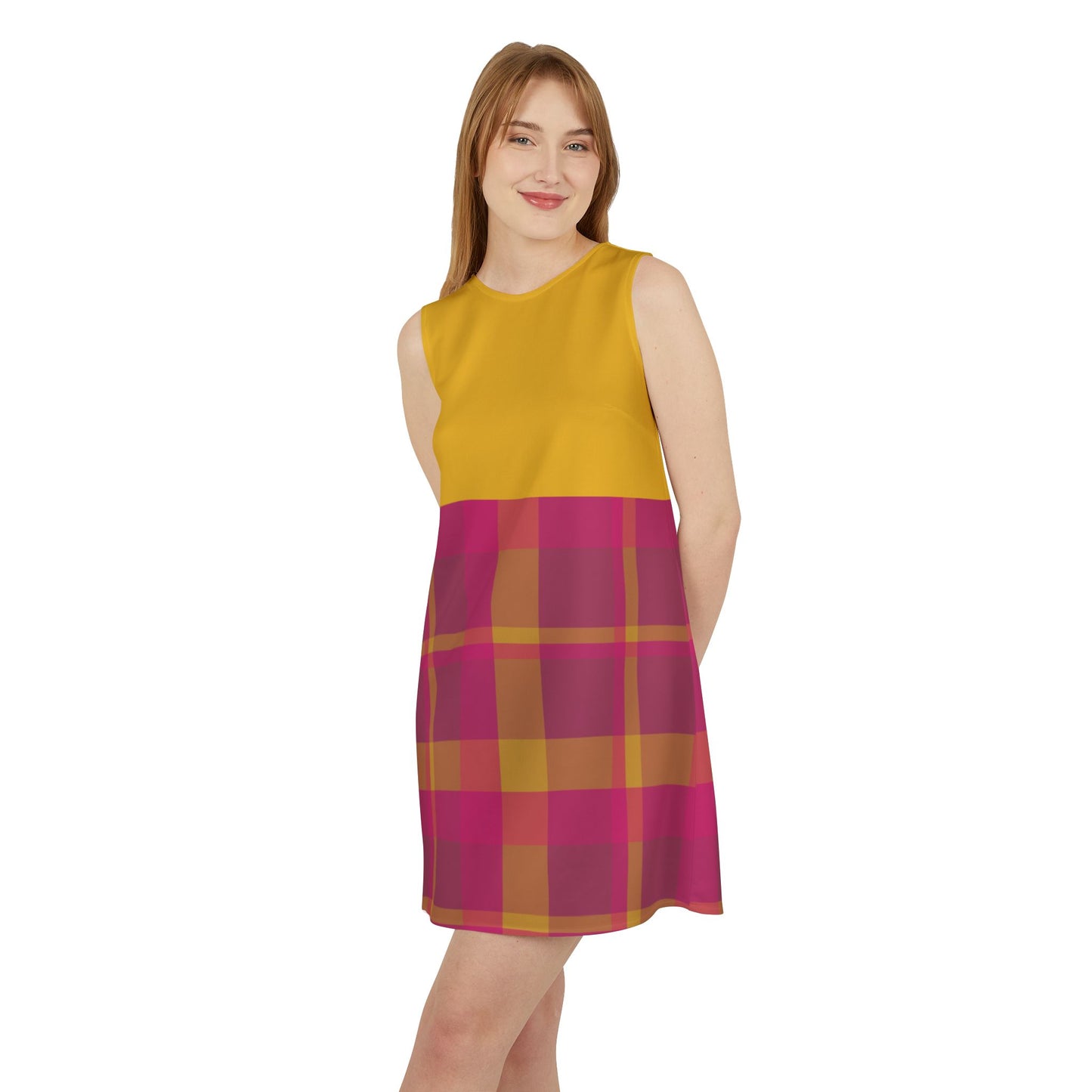 Pink + Yellow Plaid Sleeveless Trapeze Mini Dress