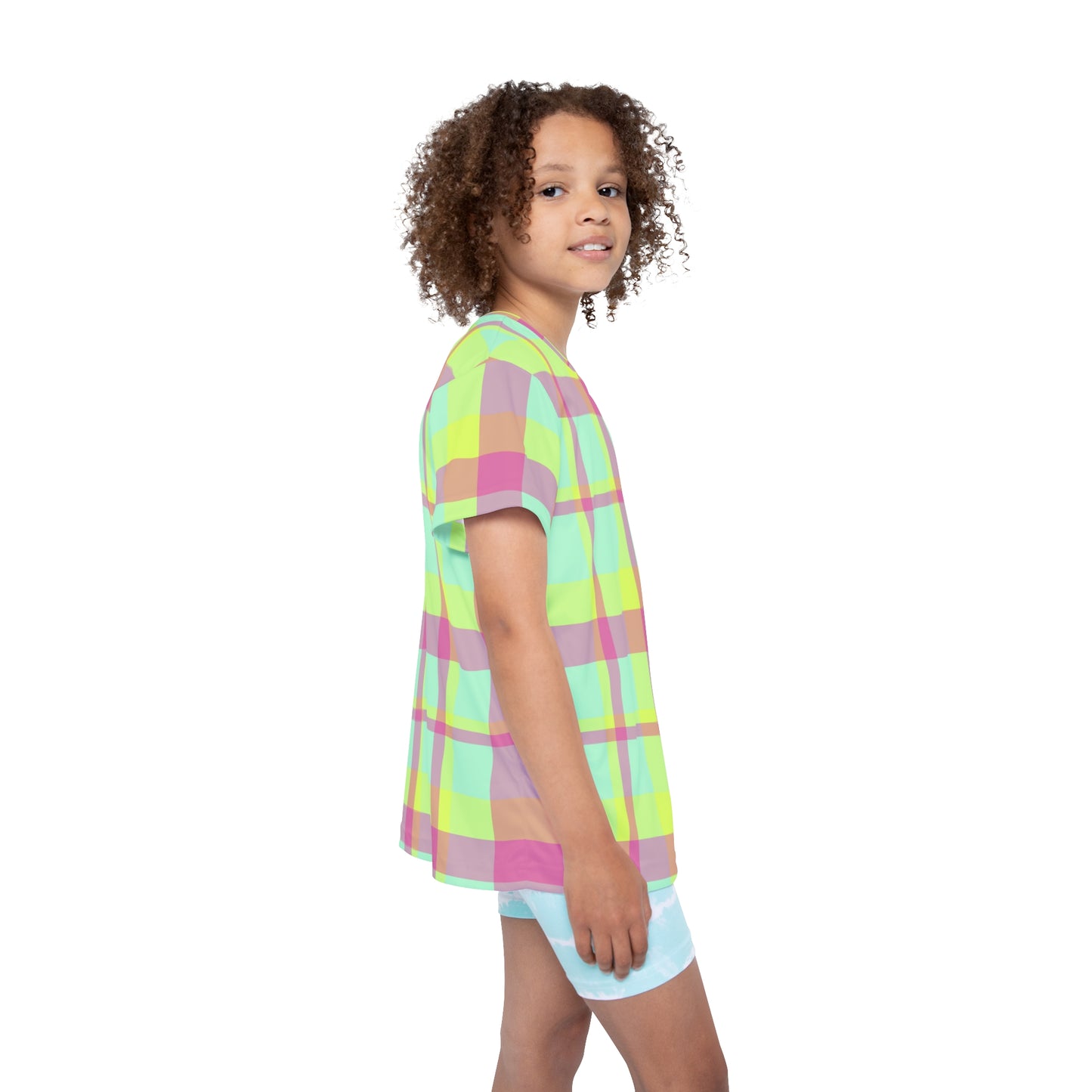 Neon Green + Pink Funky Plaid Kids' Poly Tee