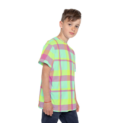 Neon Green + Pink Funky Plaid Kids' Poly Tee