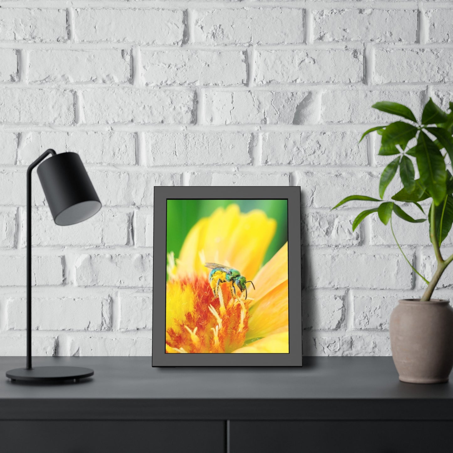 Metallic Green Bee Framed Print | Nature Photography