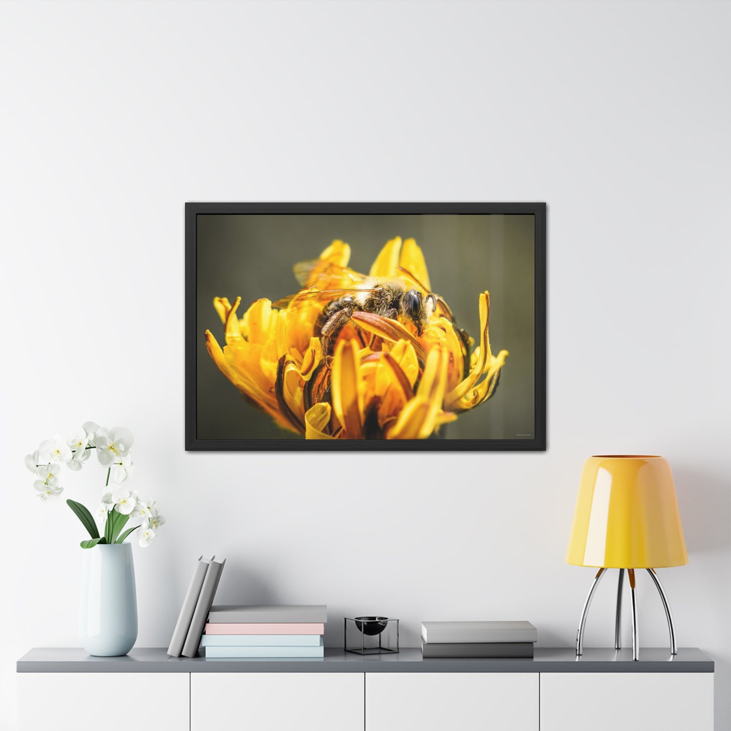 Macro Bee Pollinating Dandelion Framed Fine Art Photograph