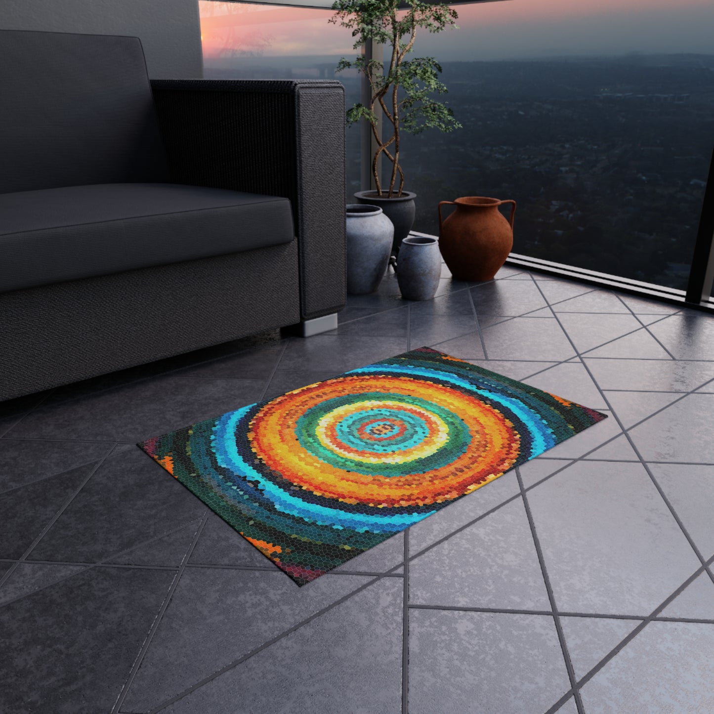 Pixel Mosaic Teal Orange Outdoor Rug