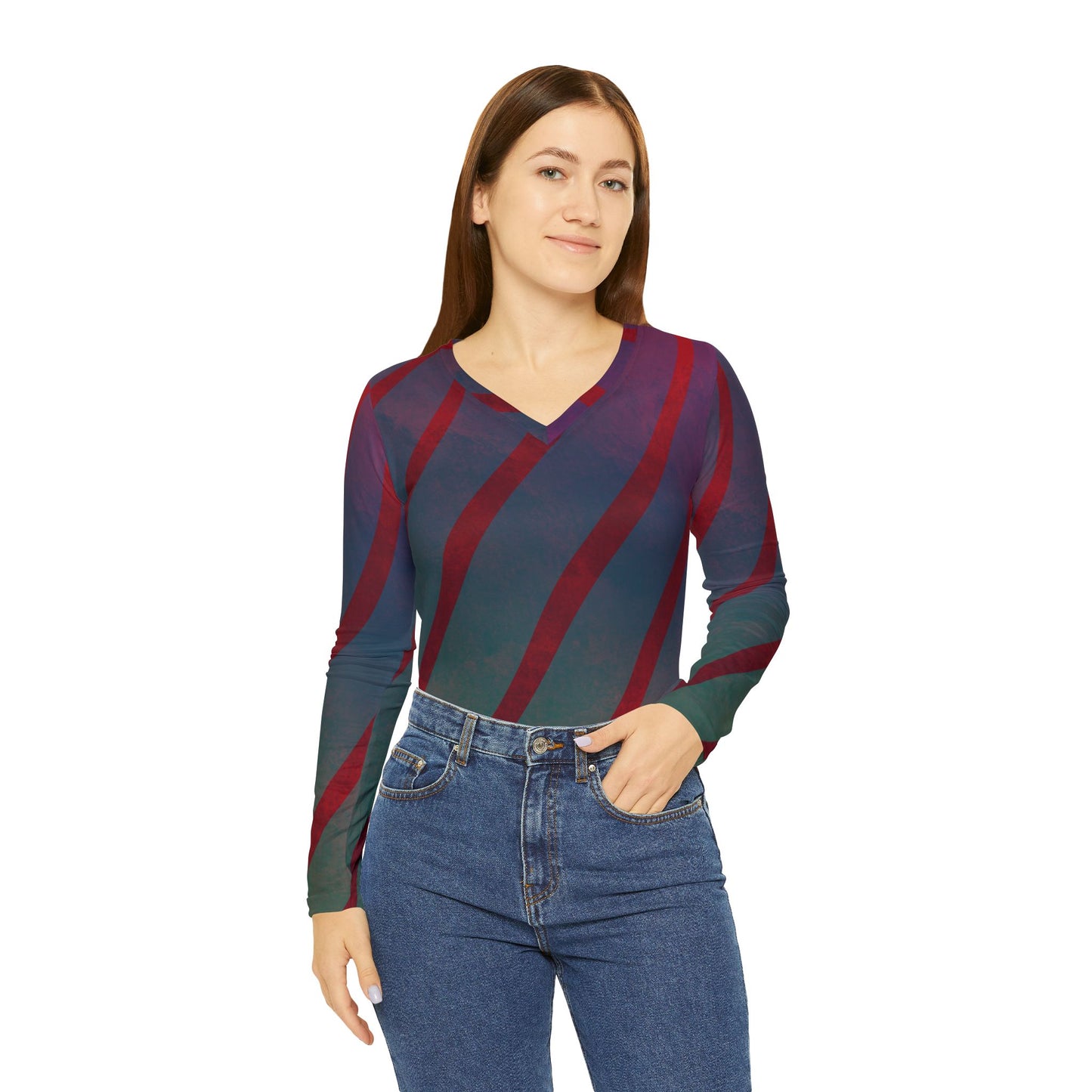 Red + Teal Illusion Wave Stripes Women's Long Sleeve V-Neck Shirt