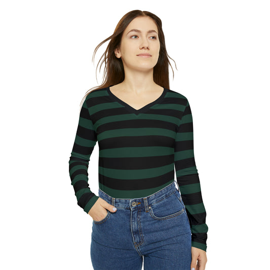 Dark Green + Black Striped Women's Long Sleeve V-neck Shirt