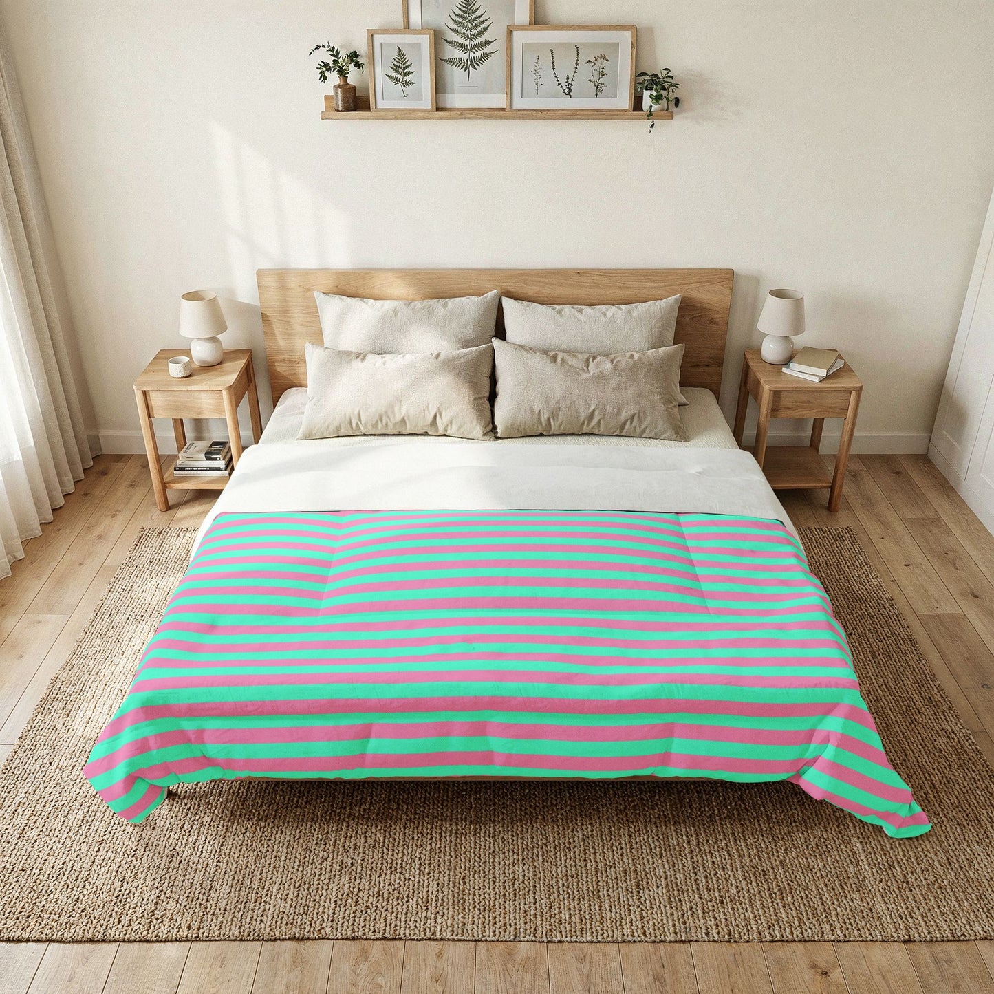 Pink + Teal Striped 100% Cotton Comforter
