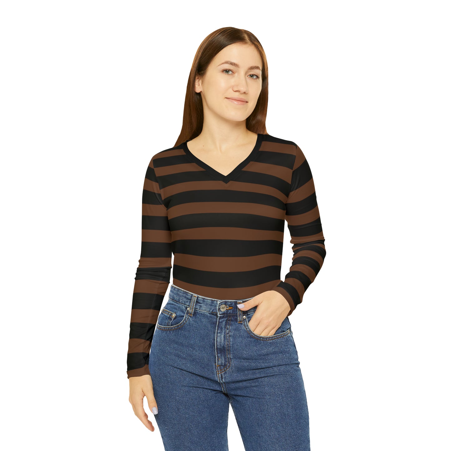 Brown + Black Striped Women's Long Sleeve V-neck Shirt