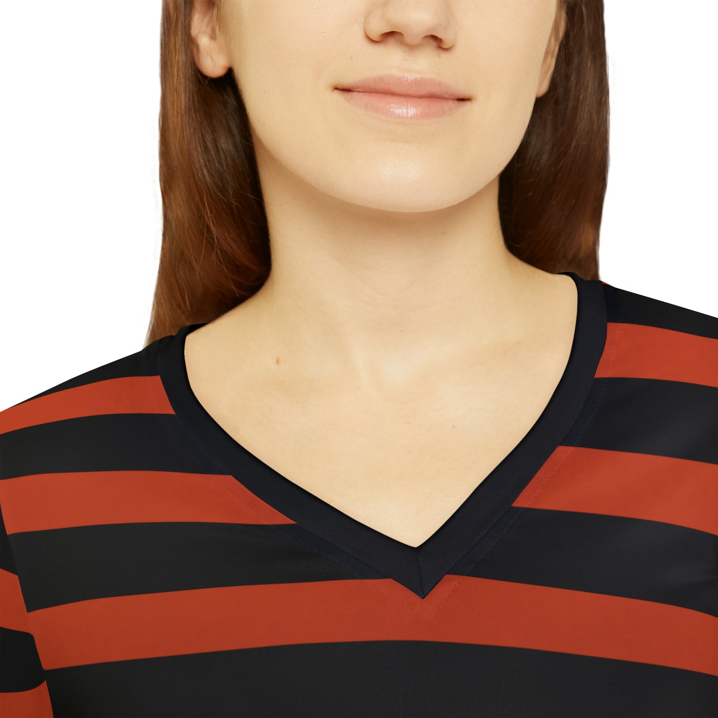 Earthy Red + Black Striped Women's Long Sleeve V-neck Shirt