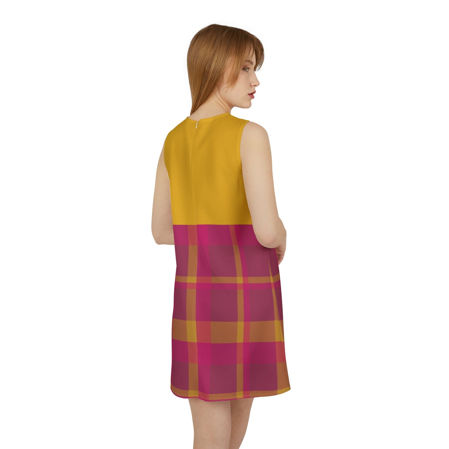 Pink + Yellow Plaid Sleeveless Trapeze Mini Dress