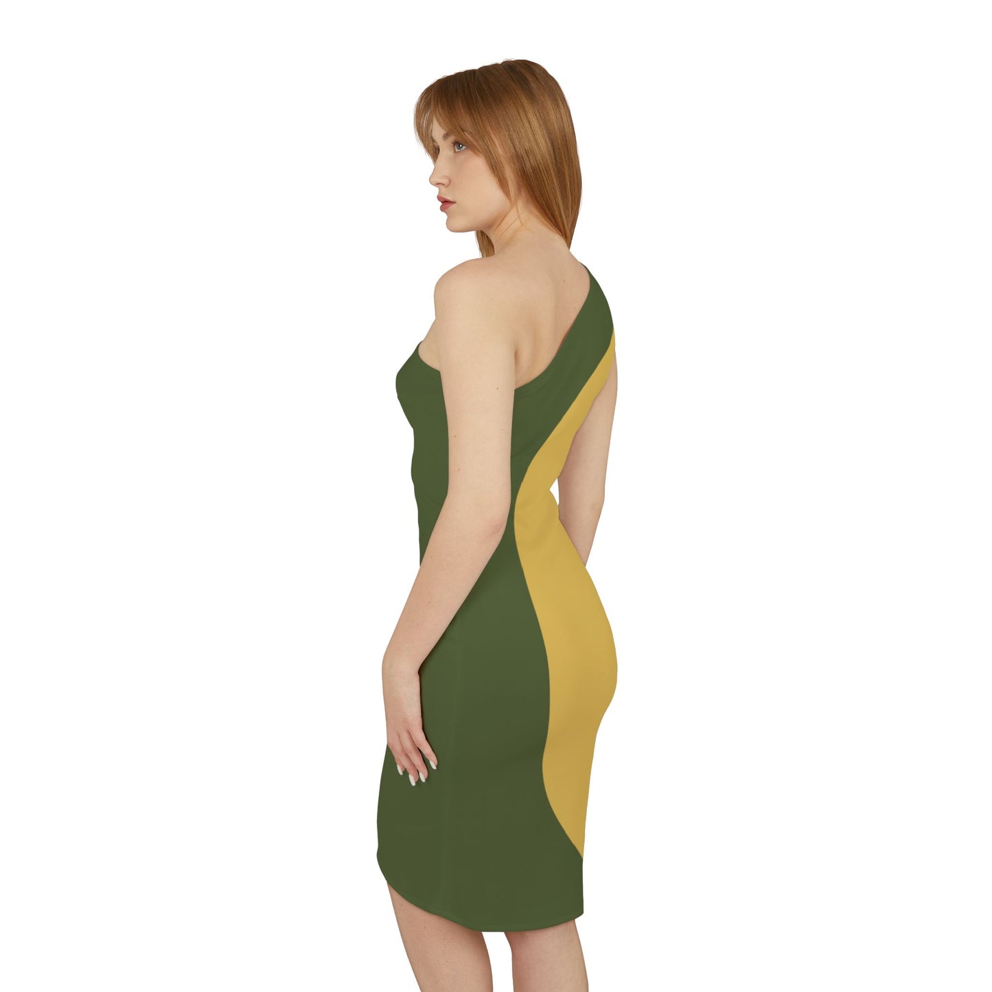 Gold + Green Women's Asymmetrical Shoulder Dress