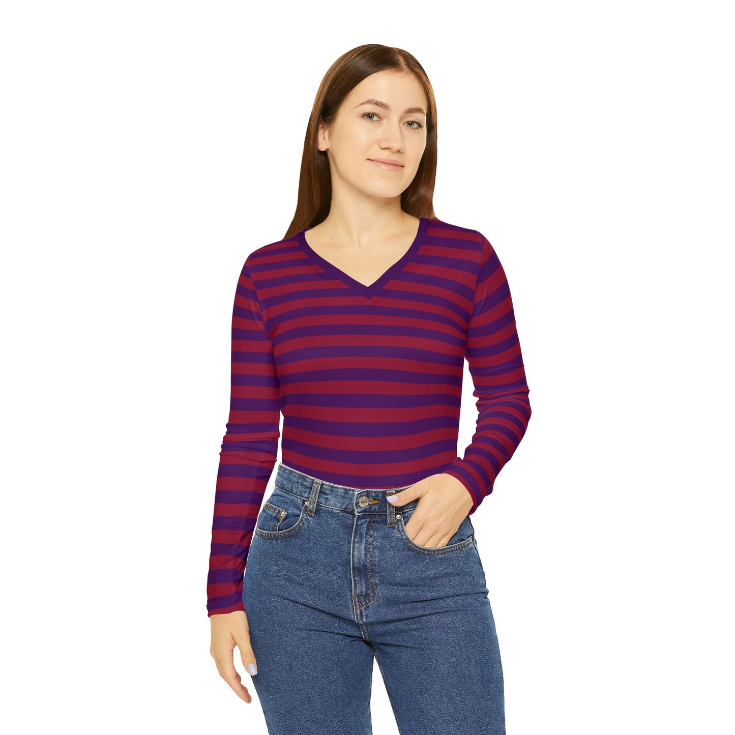 Red + Purple Skinny Striped Women's Long Sleeve V-neck Shirt