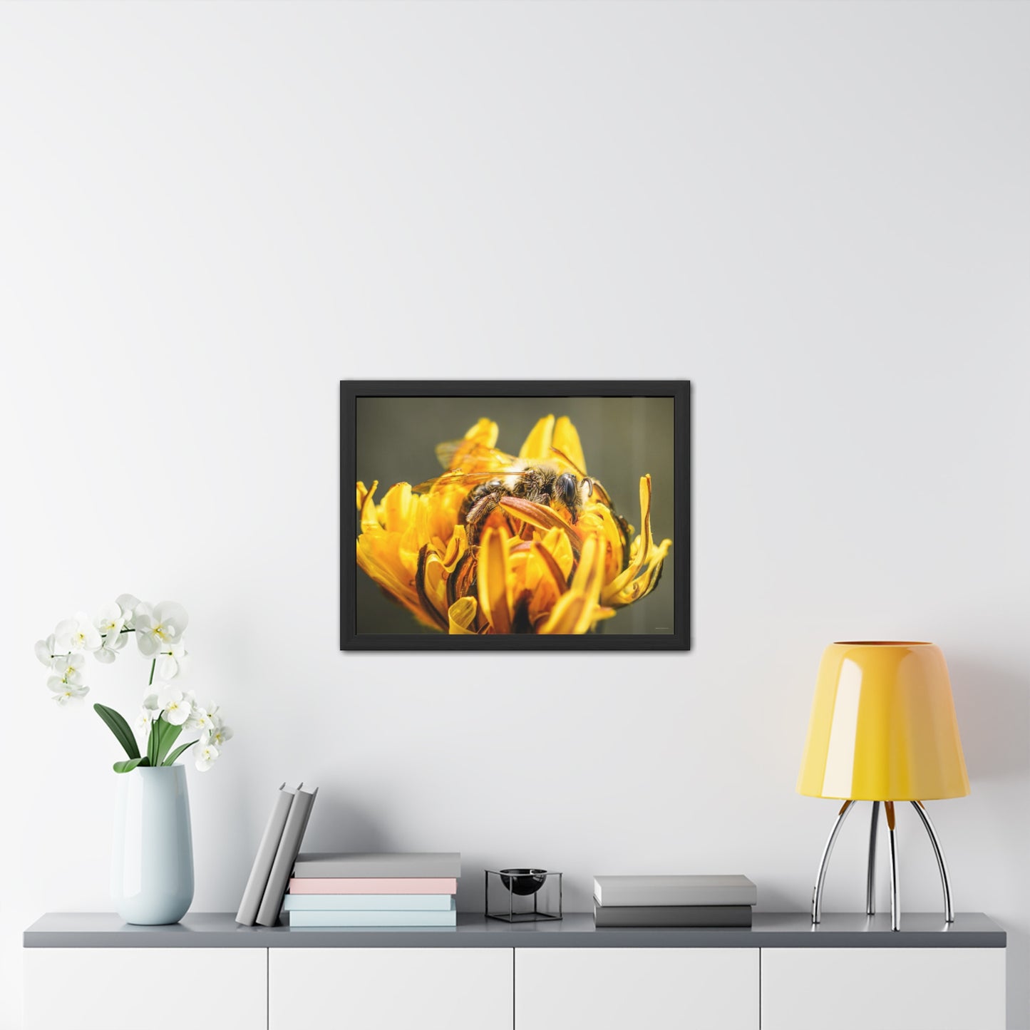 Macro Bee Pollinating Dandelion Framed Fine Art Photograph