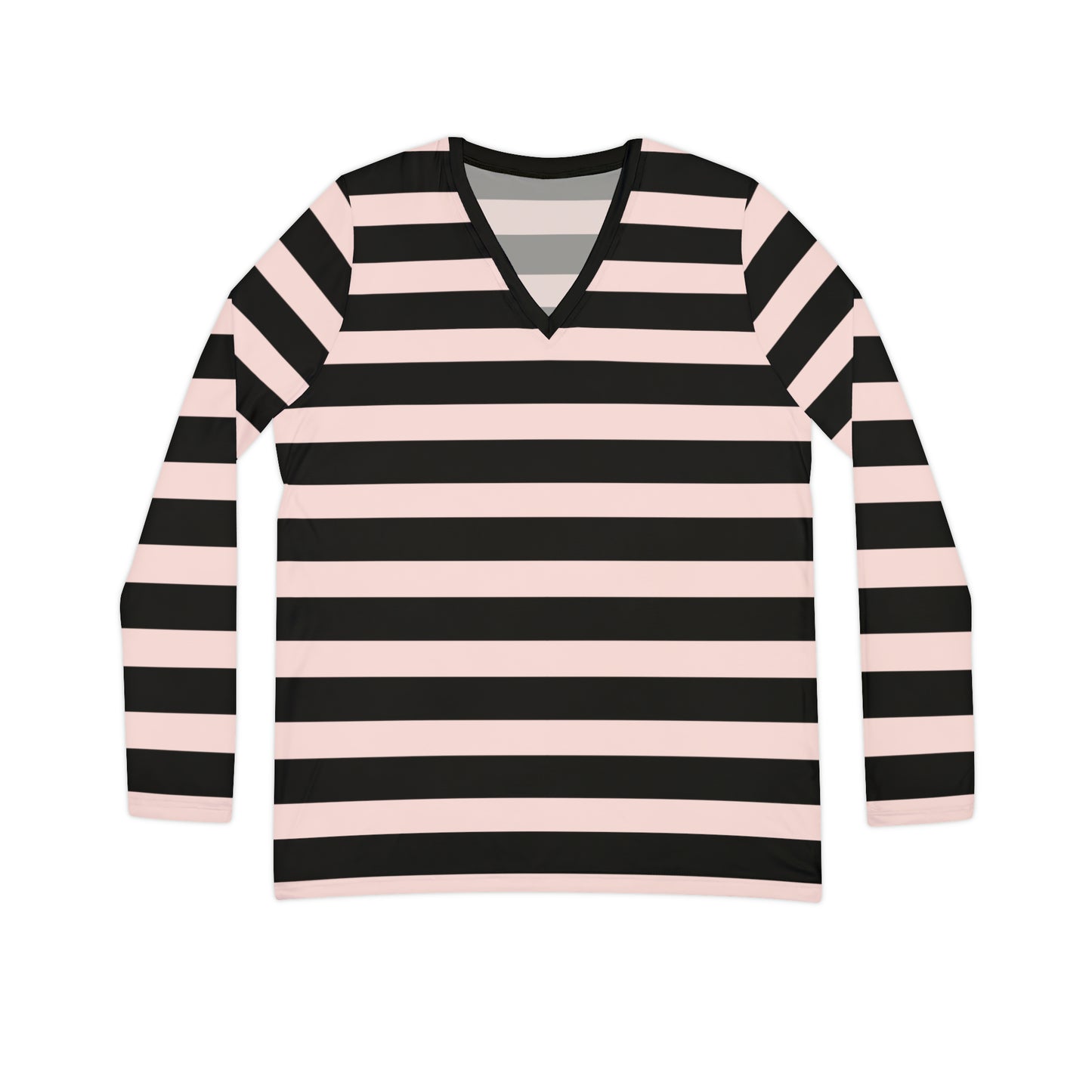 Gently Pink + Black Striped Women's Long Sleeve V-neck Shirt