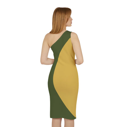 Gold + Green Women's Asymmetrical Shoulder Dress