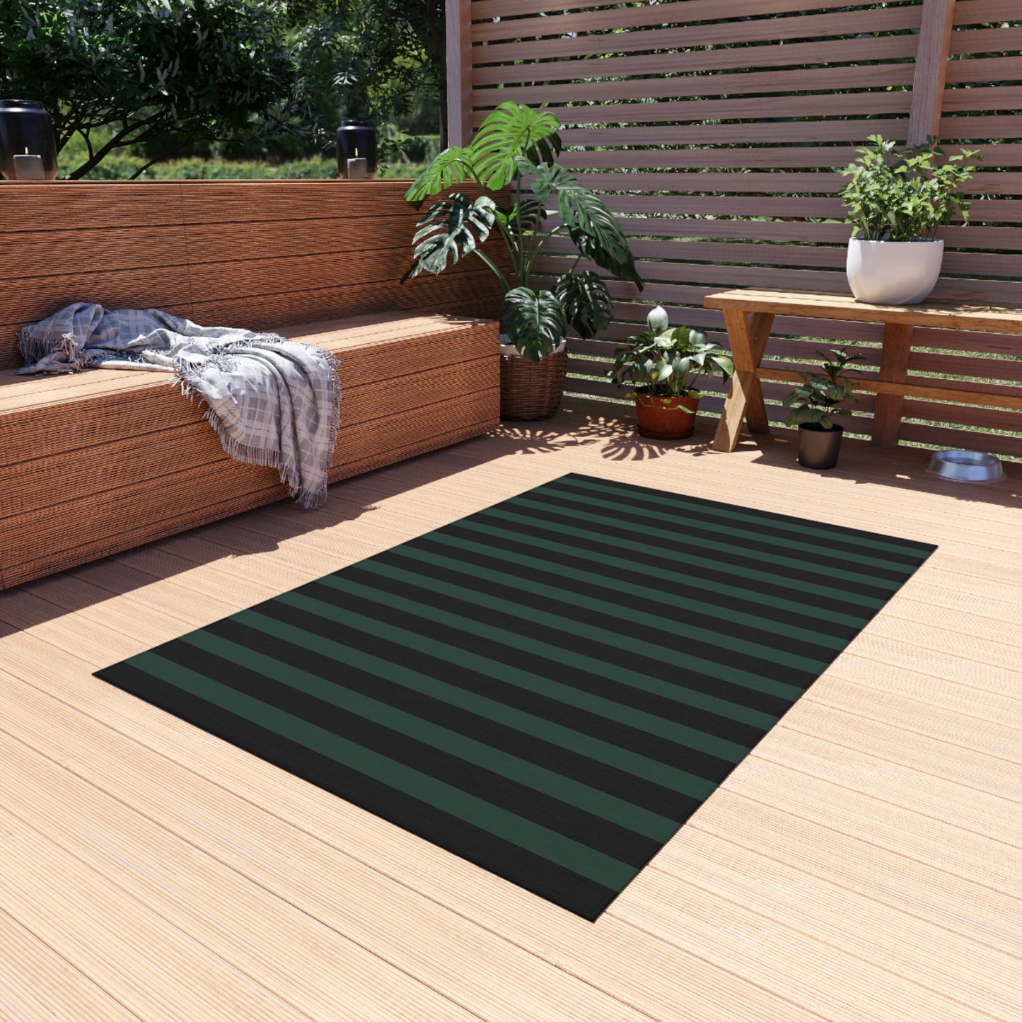 Black + Green Striped Outdoor Rug