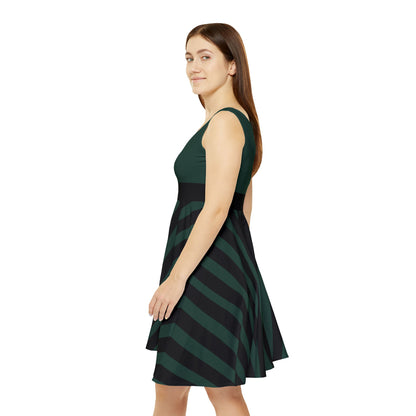 Dark Green + Black Stripe Women's Skater Dress M Dark Green + Black Stripe Women's Skater Dress M