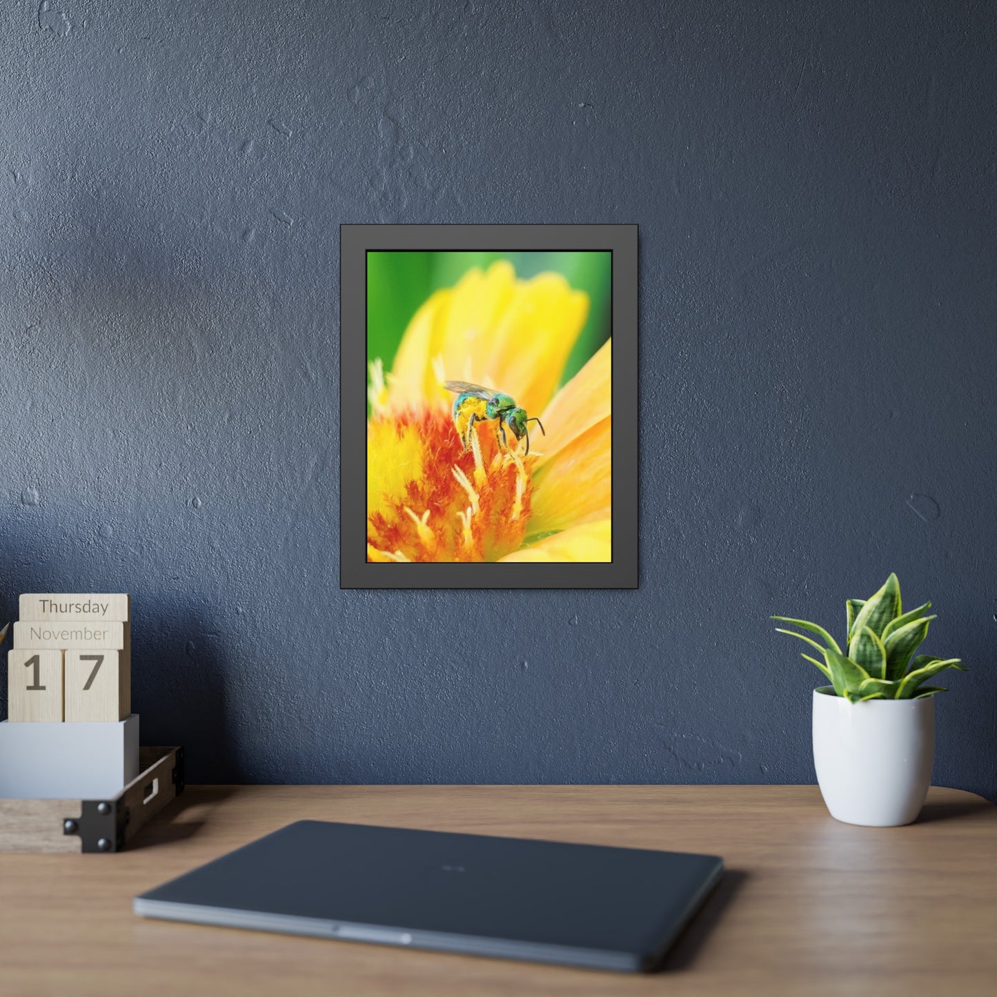 Metallic Green Bee Framed Print | Nature Photography