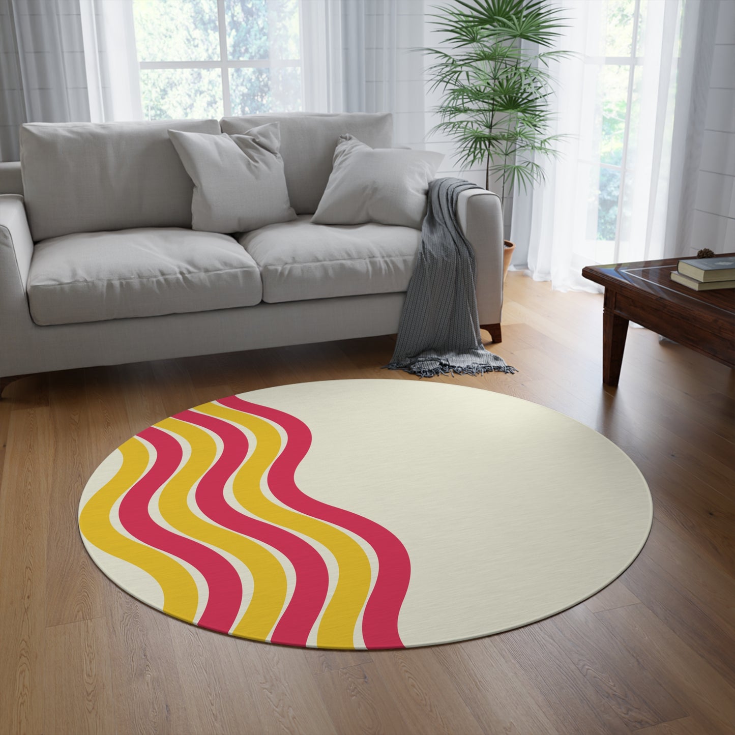 Pink + Yellow Waves Round Rug