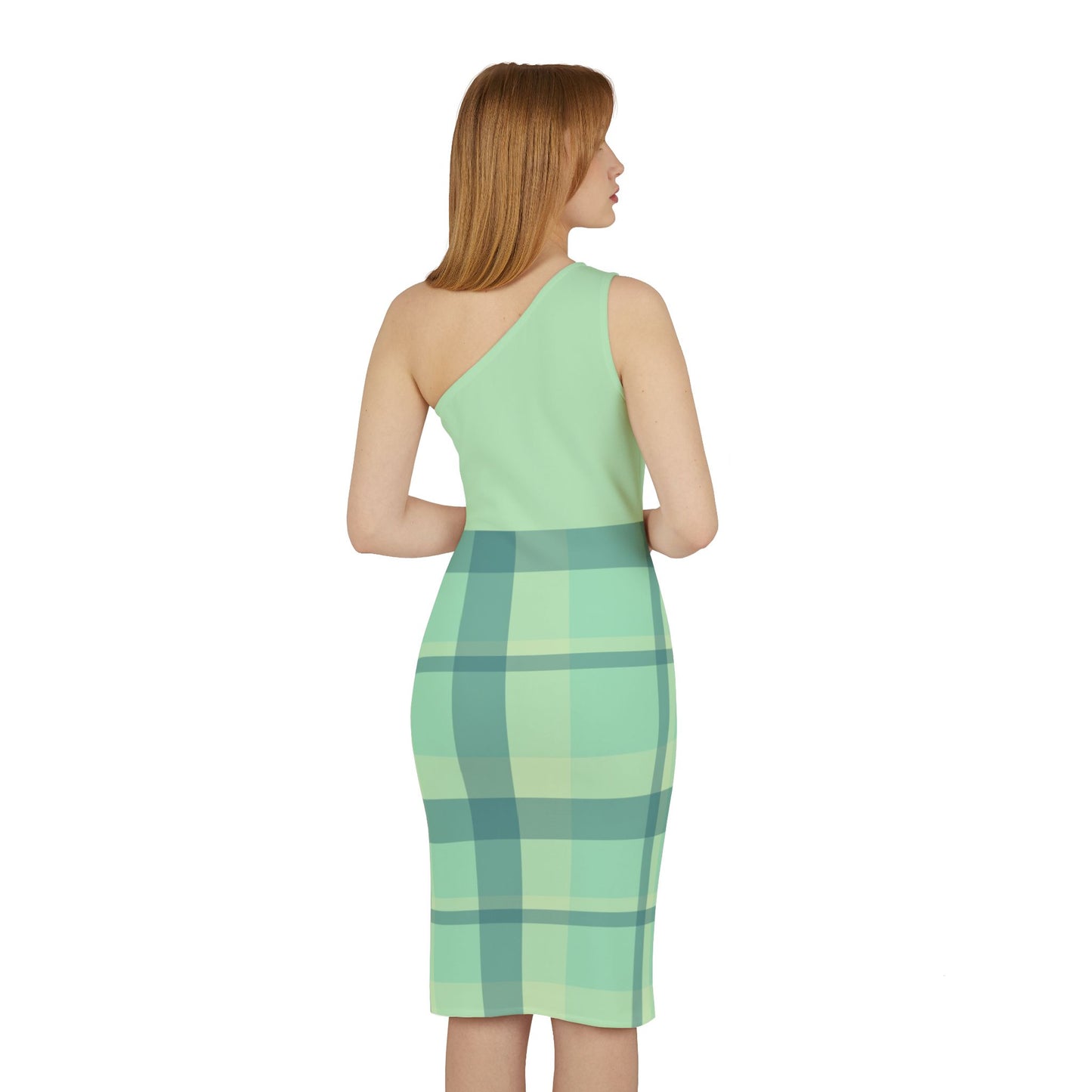 Minty Green Plaid Women's Asymmetrical Shoulder Dress