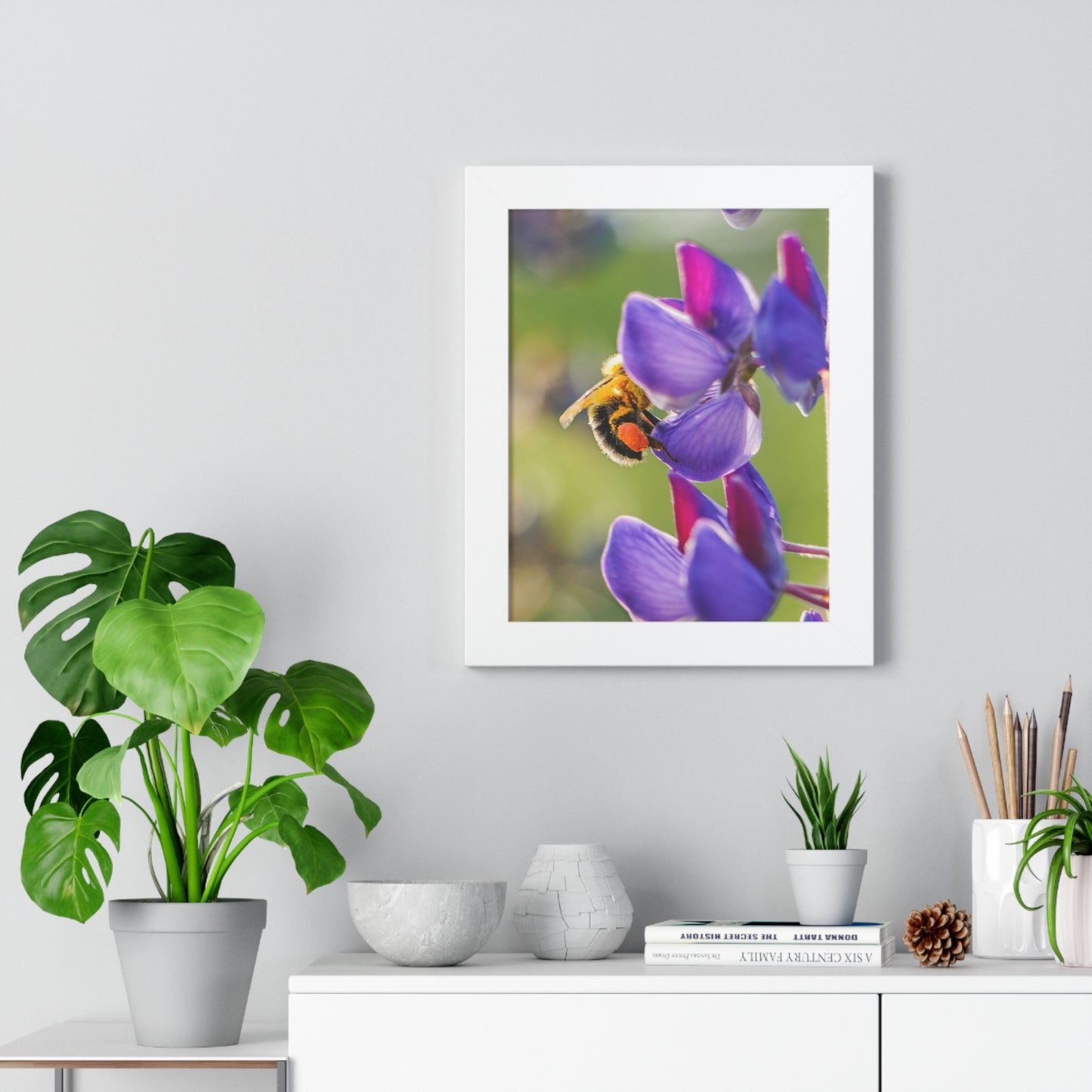 Bumble Bee Pollinates Lupine Flowers Framed Matte Print