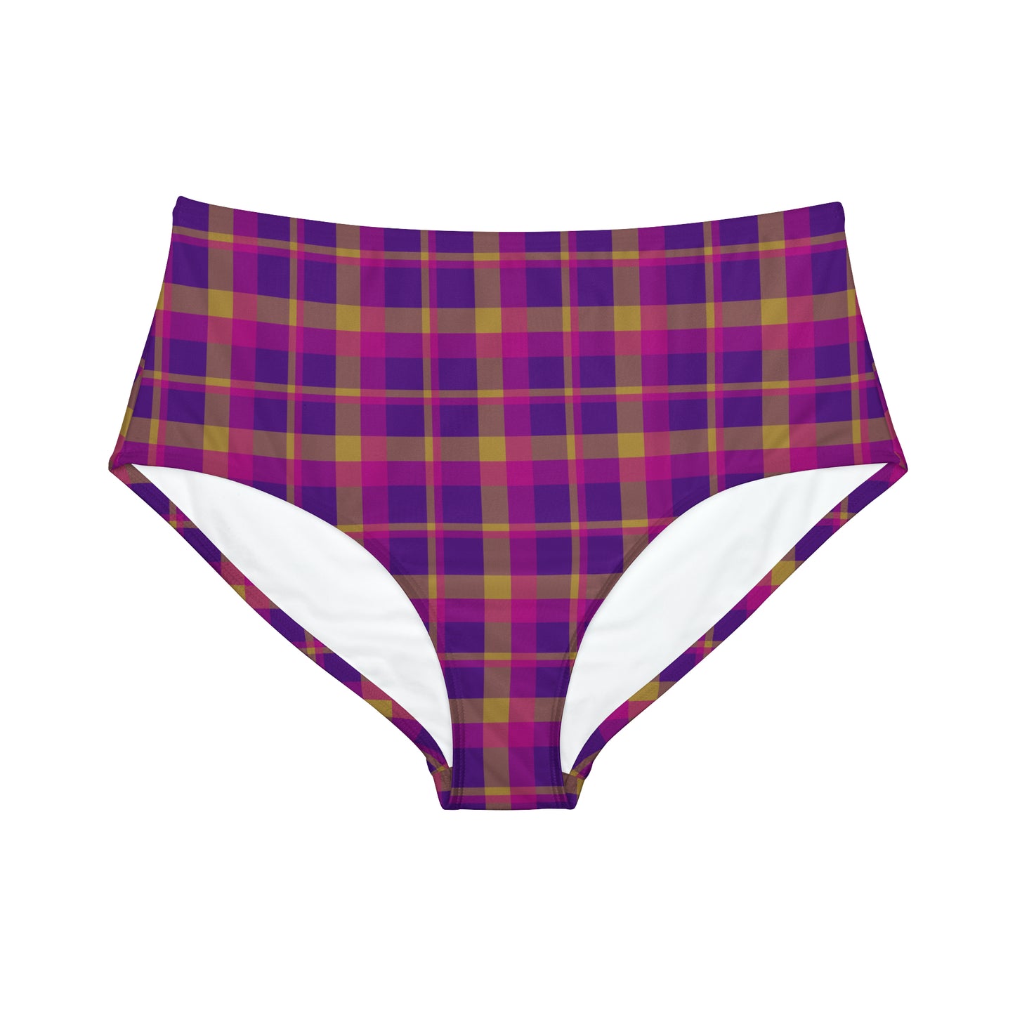 Yellow + Magenta Plaid Women's Full Coverage Bikini Bottom