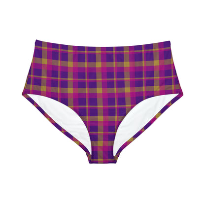 Yellow + Magenta Plaid Women's Full Coverage Bikini Bottom