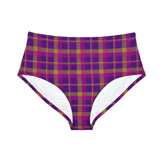 Yellow + Magenta Plaid Women's Full Coverage Bikini Bottom