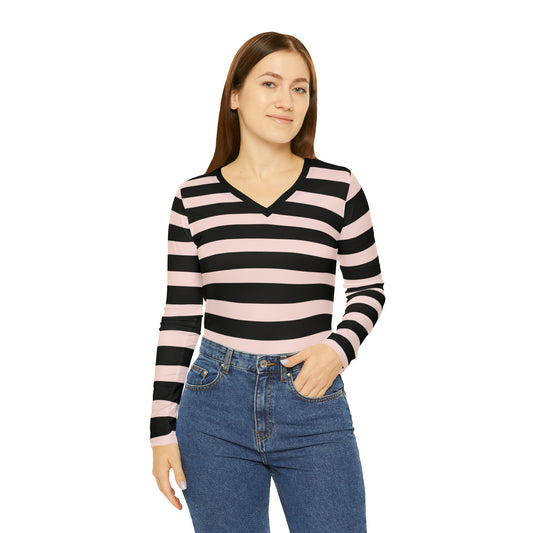 Gently Pink + Black Striped Women's Long Sleeve V-neck Shirt