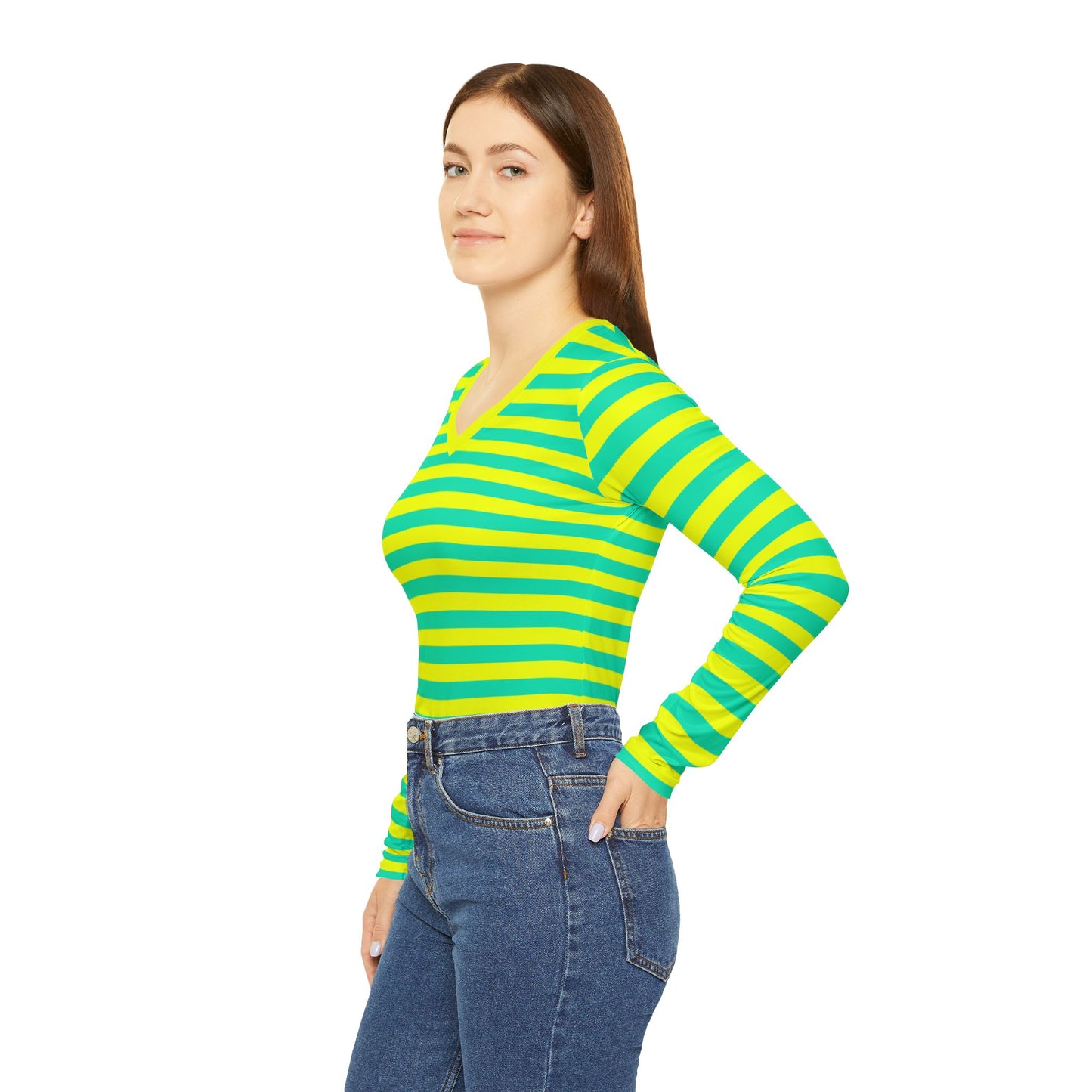 Lemon Lime Skinny Striped Women's Long Sleeve V-neck Shirt