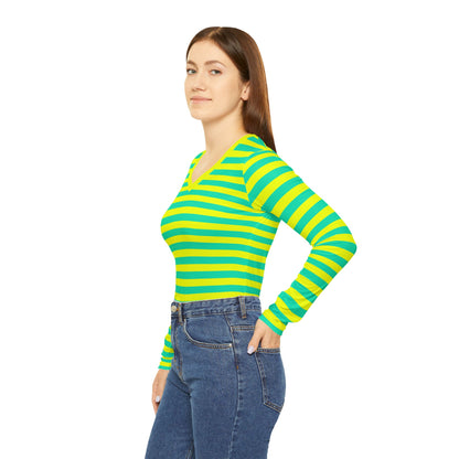 Lemon Lime Skinny Striped Women's Long Sleeve V-neck Shirt