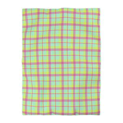 Neon Green + Pink Plaid Woven Duvet Cover